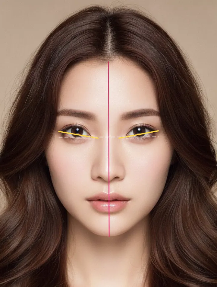 AI-generated fictional woman. Canthal tilt +10.2° (Positive): right +10.0°, left +10.4°.