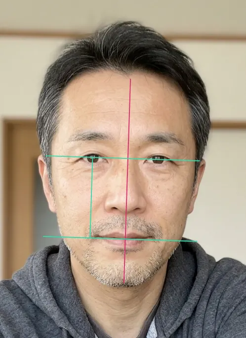 AIで作った架空の男性。中顔面比 1.23（標準）。緑の線が黒目の高さと唇の中央です。