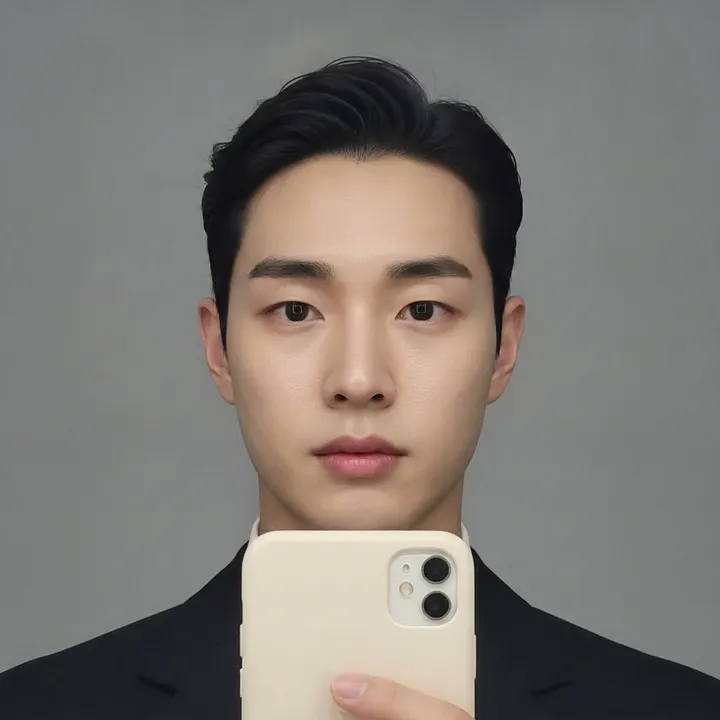 The same fictional person after a glow-up: AI changed only hair, brows, skin and light.
